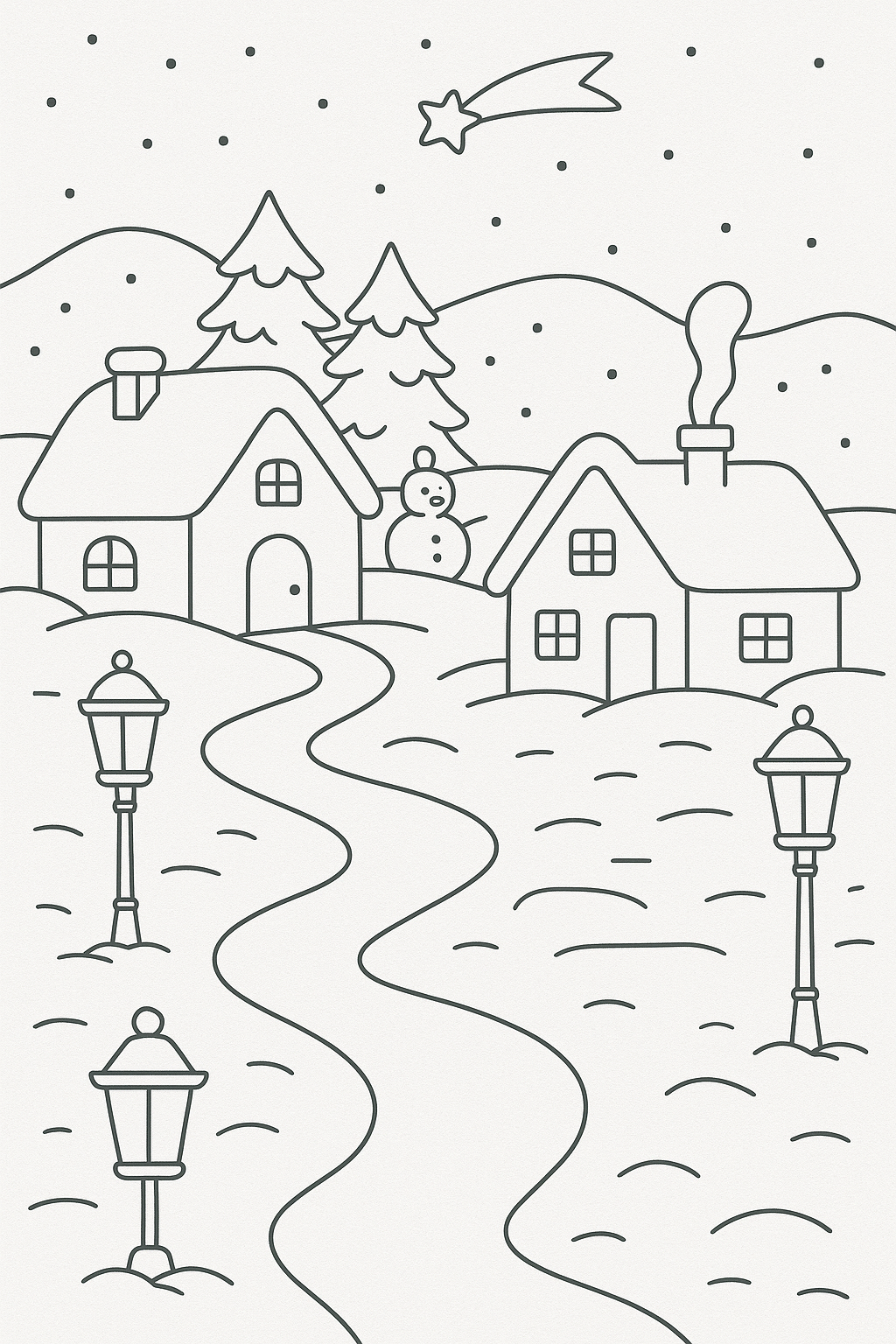Winter scene coloring page with cottages and snowman