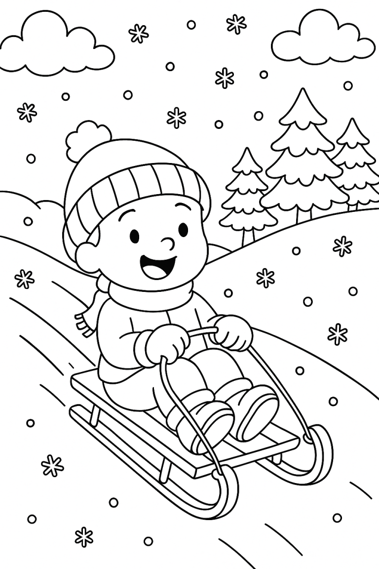 Child sledding in a snowy landscape coloring page