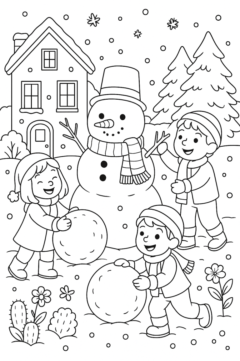 Children building a snowman coloring page