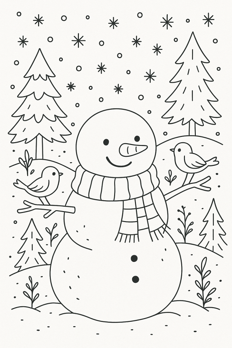 Snowman with scarf and birds in a snowy landscape