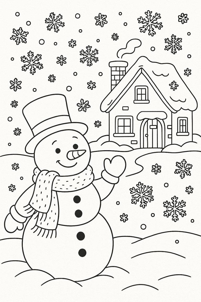 Cheerful snowman in winter scene with house