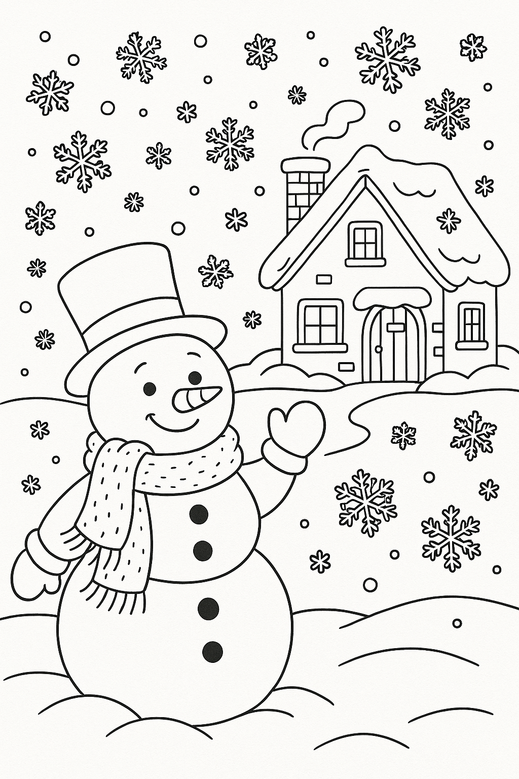 Cheerful snowman in winter scene with house