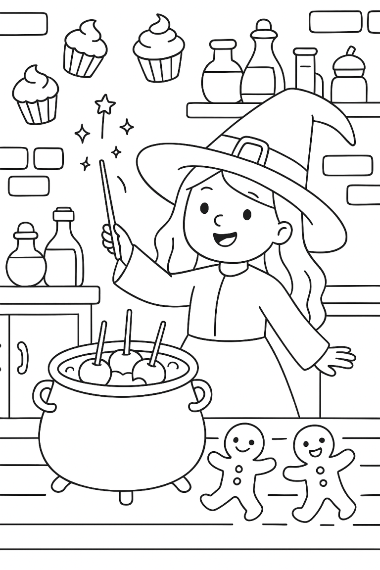 Children's coloring page with witch and gingerbread