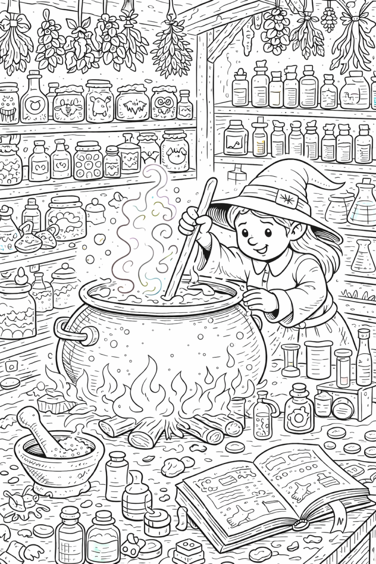 A young witch brewing a potion in a mystical room.