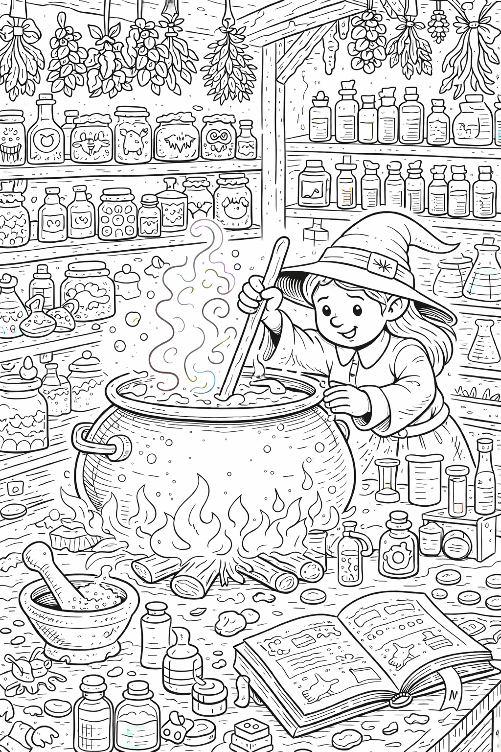 A young witch brewing a potion in a mystical room.