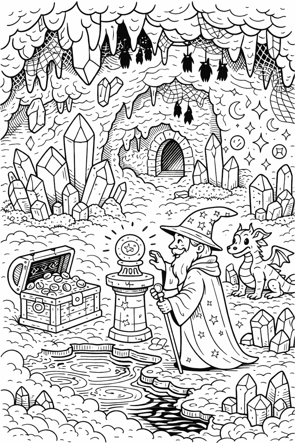 Coloring page of a wizard in a cave with a dragon and treasure.