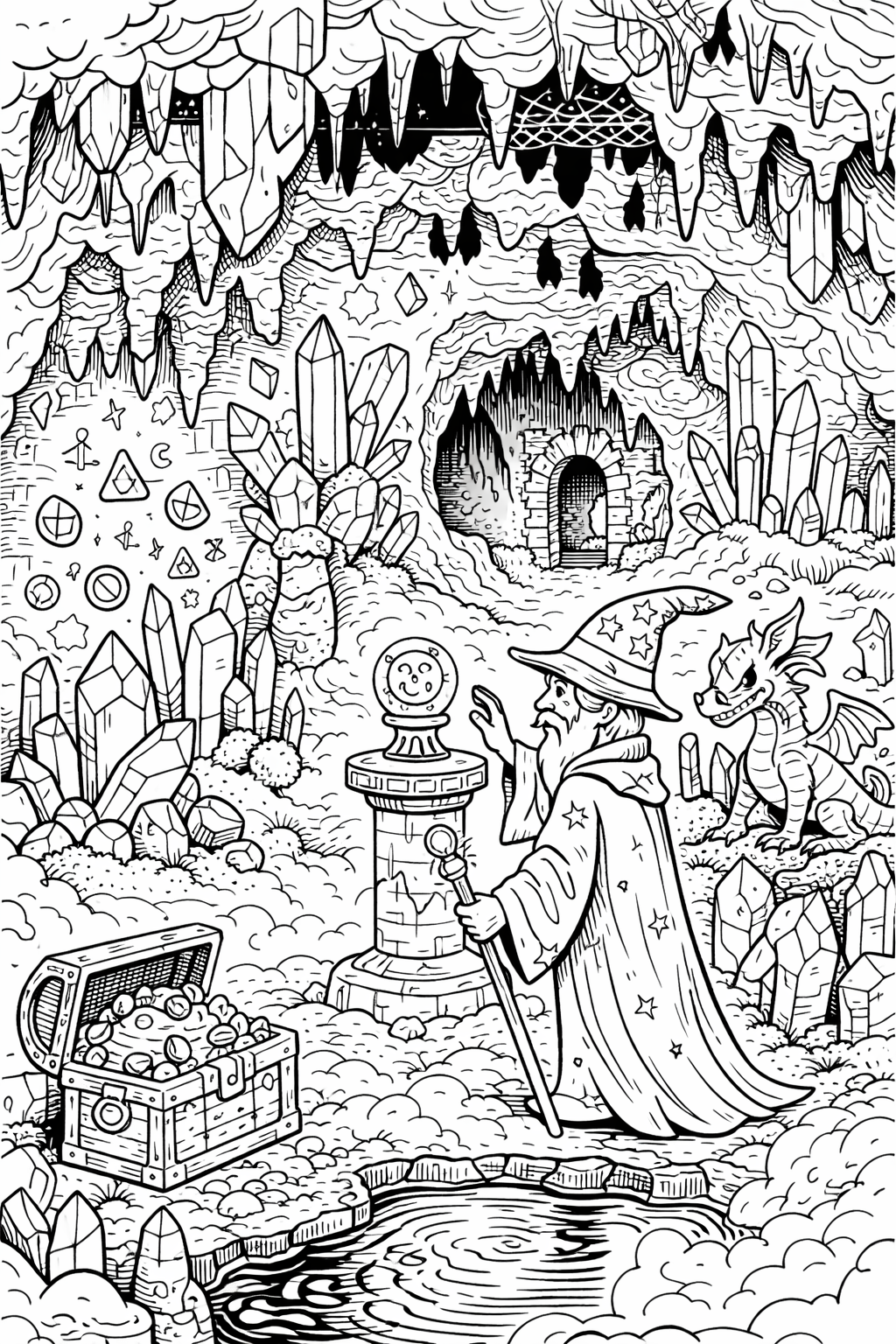 Wizard in a cave with crystals and a dragon.