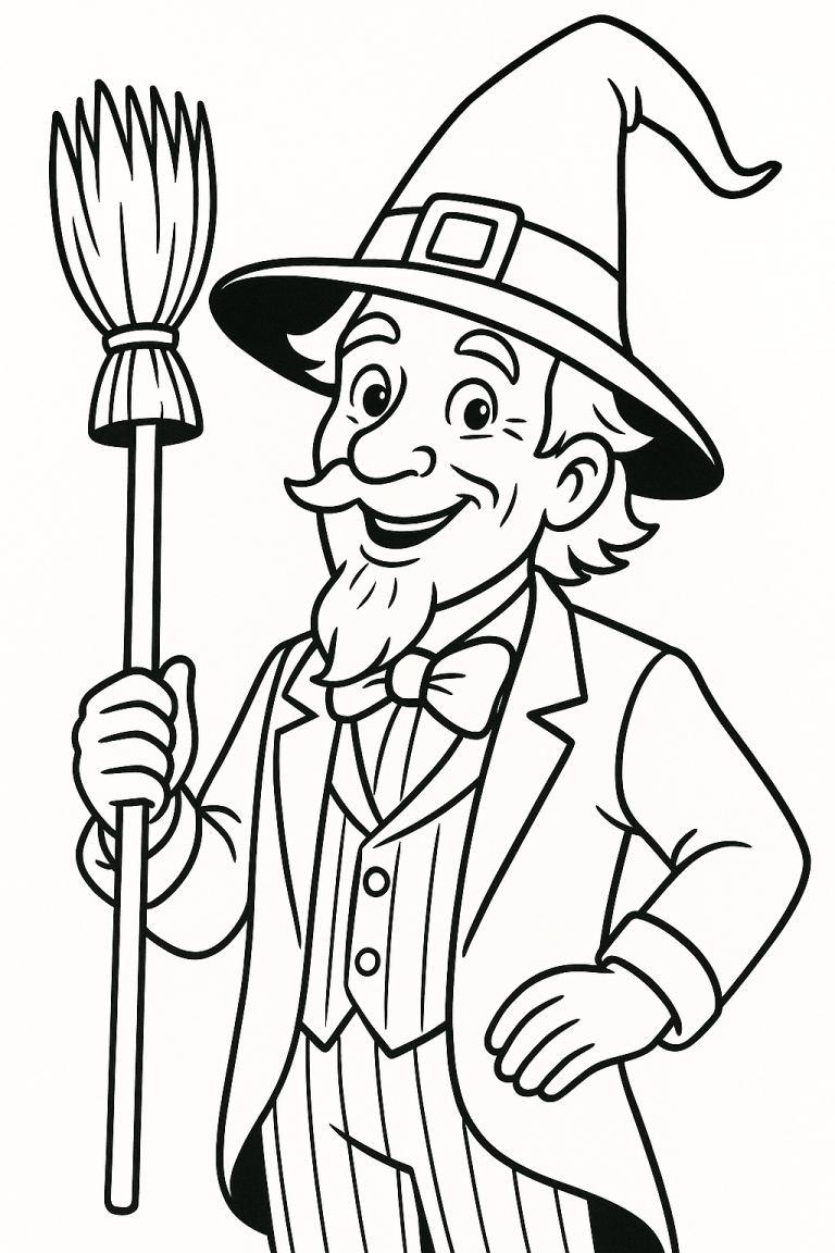Wizard with broom wearing a hat