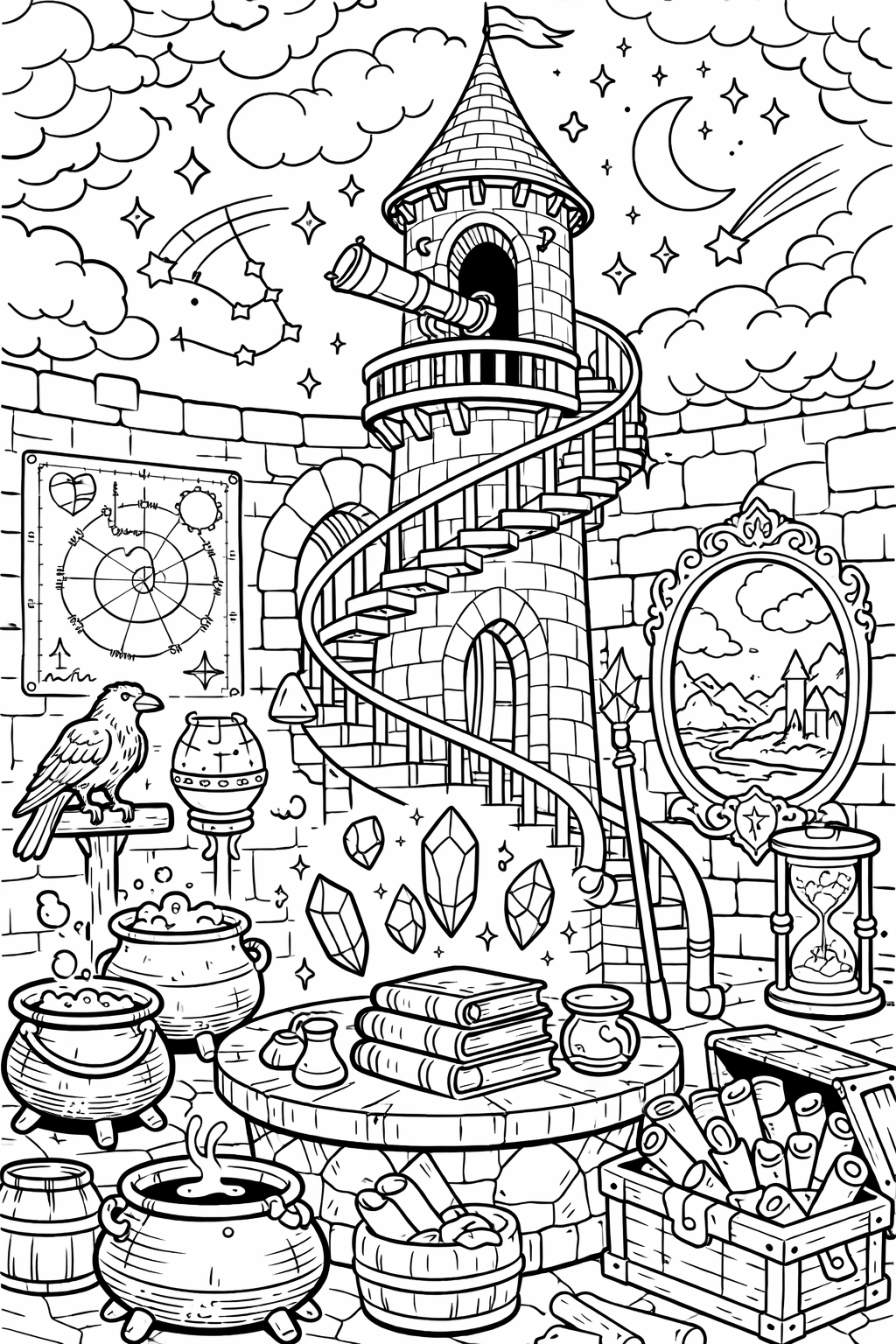 Wizard's tower with telescope and magical items