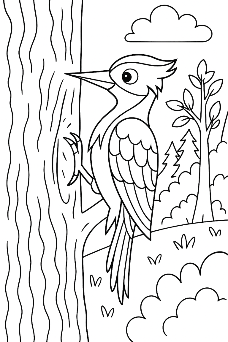 Woodpecker on a tree coloring page
