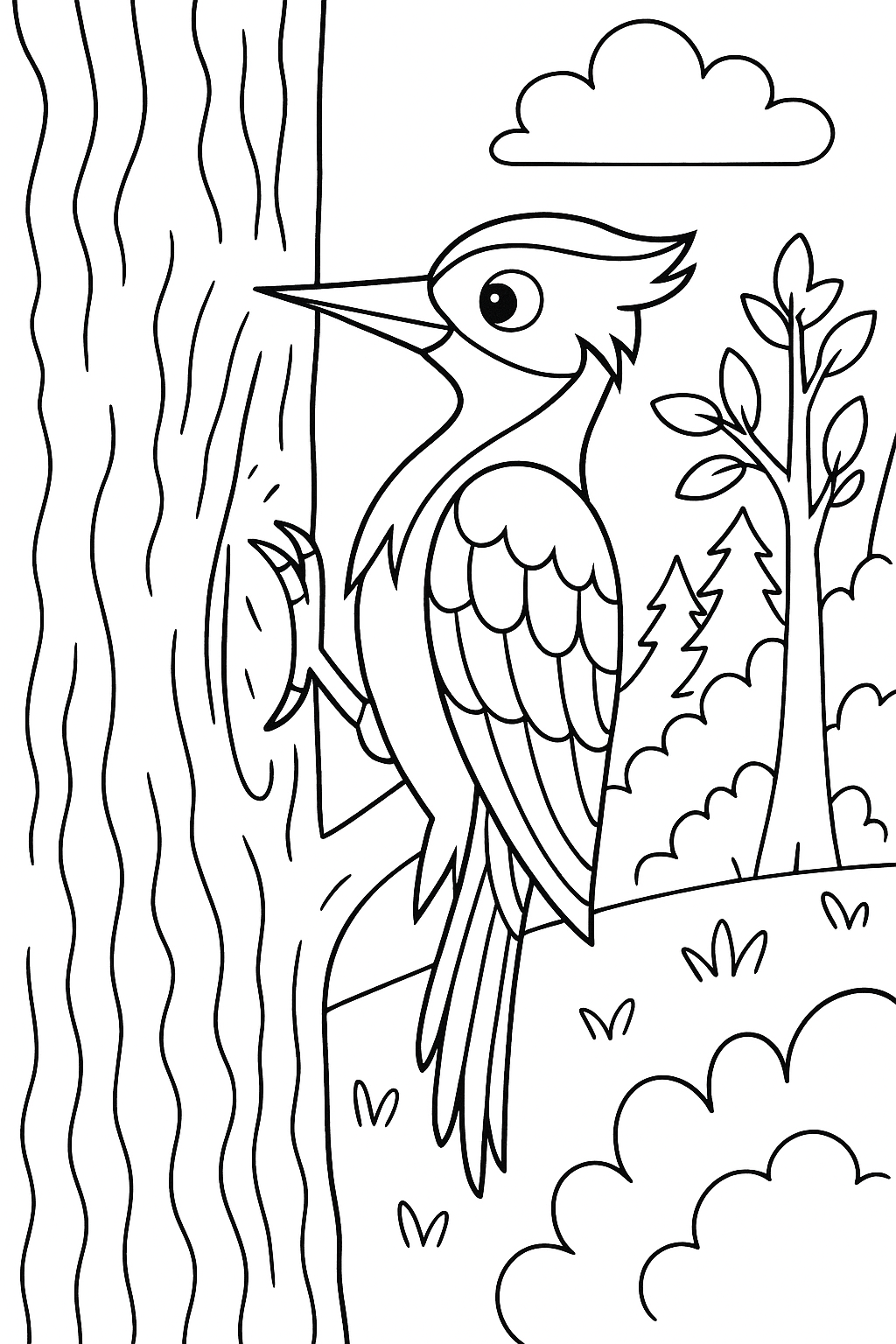 Woodpecker on a tree coloring page