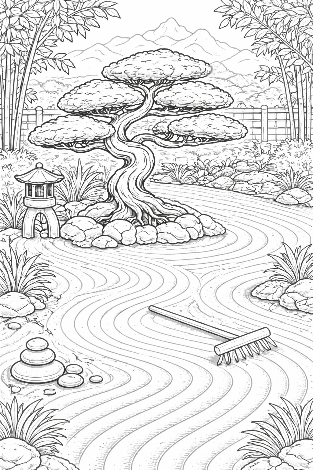 Zen garden coloring page with trees and pond