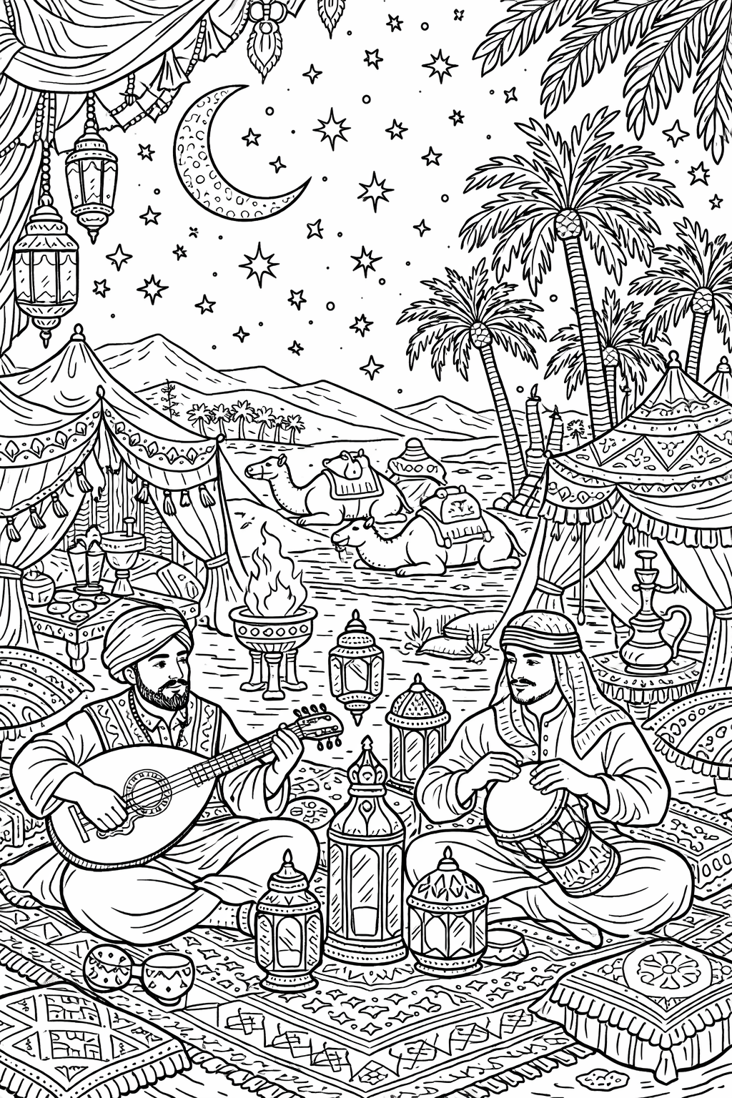 A detailed Arabian Nights coloring page showing musicians playing under starry skies, surrounded by tents, lanterns, camels, and palm trees. The page captures a magical fantasy scene perfect for children's imaginative coloring.