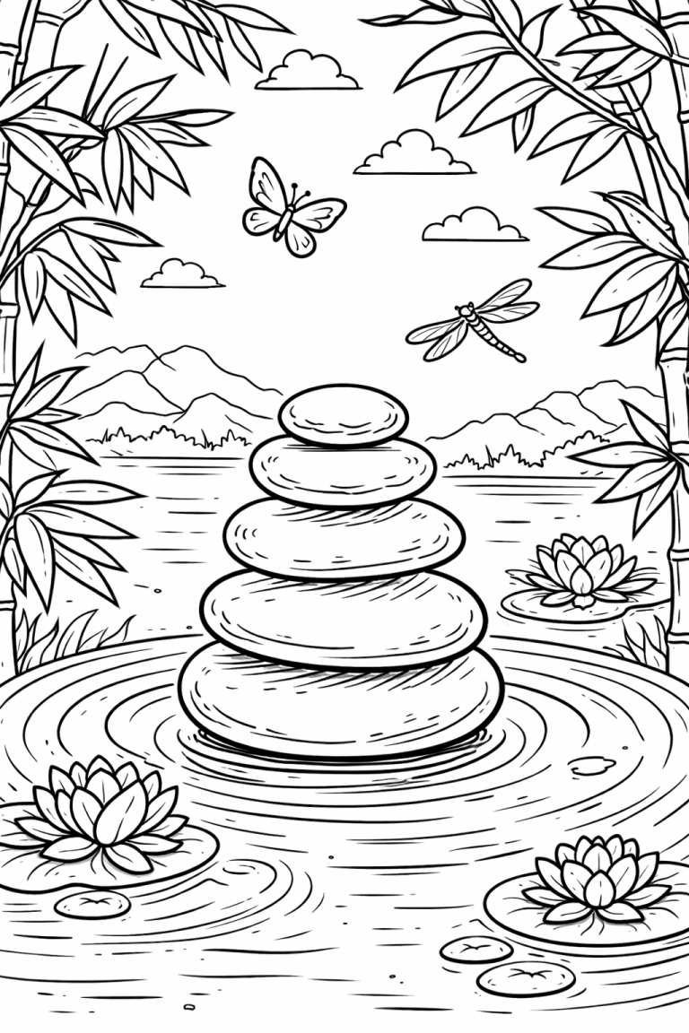 A tranquil Zen garden scene with stacked stones, bamboo, lotus flowers, a butterfly, and a dragonfly by a calm water pond. Children can color this peaceful landscape to relax and spark creativity.