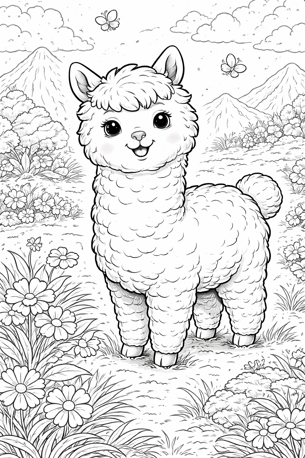 Coloring page featuring a cute alpaca in a scenic landscape