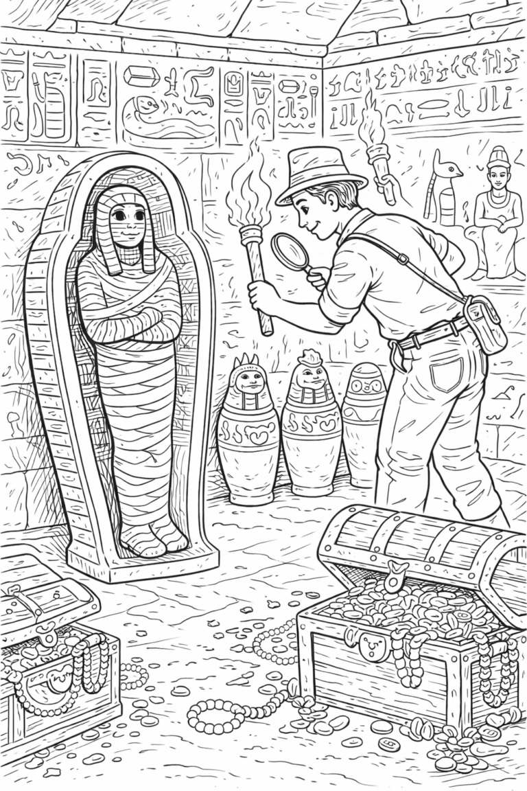 Coloring page illustrating an explorer in an ancient Egyptian tomb with a mummy, treasure, and hieroglyphics. Children can color the detailed scene and engage with the adventure theme, enhancing their creativity and imagination.