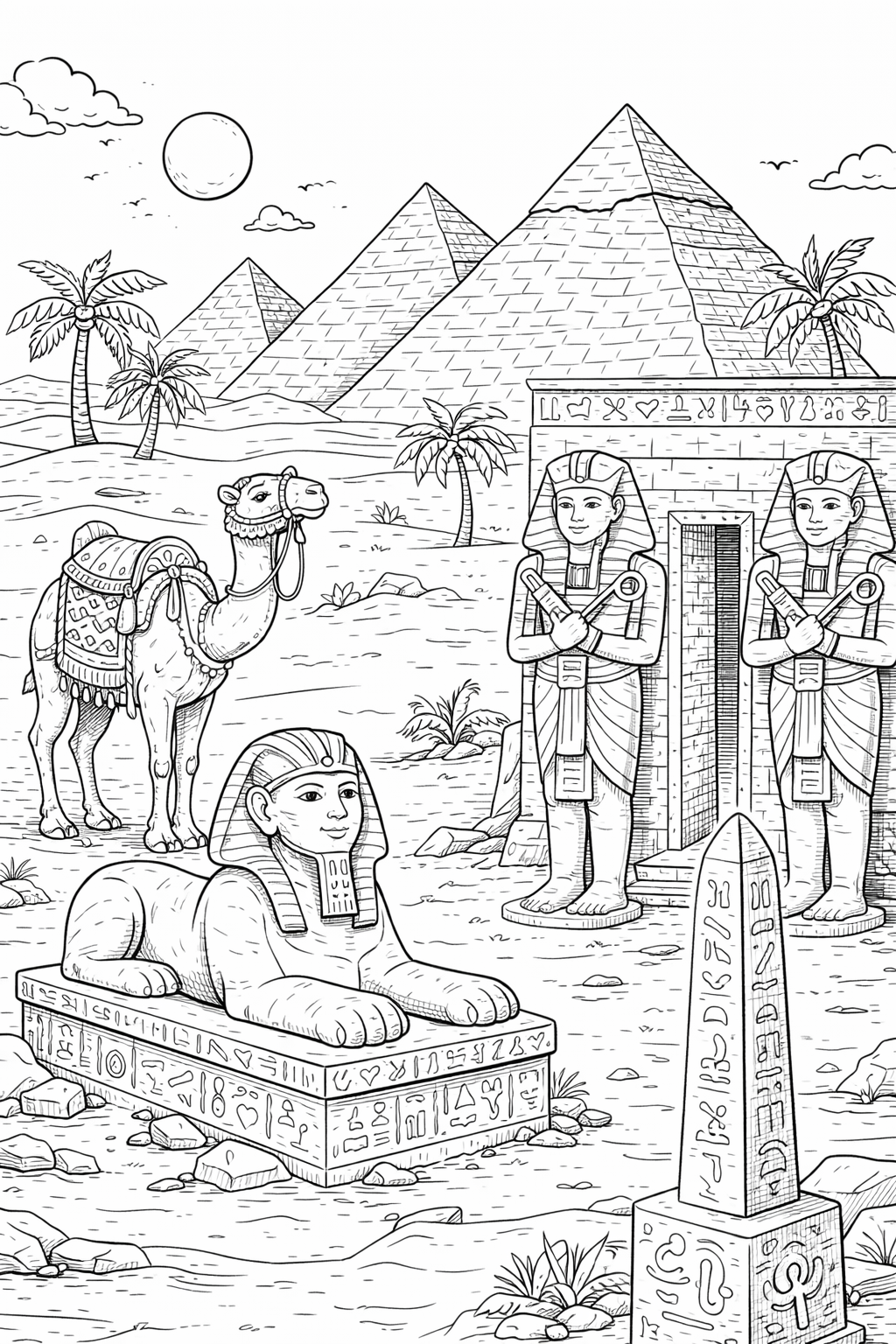 Coloring page with Egyptian pyramids and Sphinx