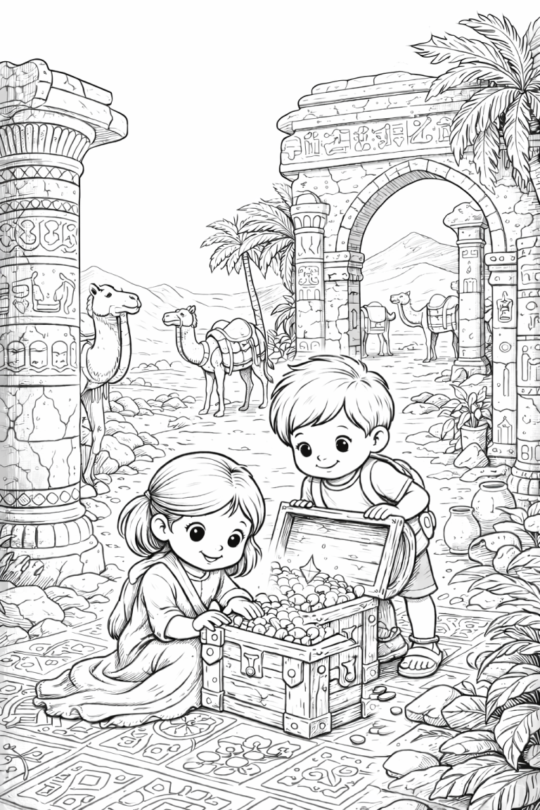 Children discover a treasure chest in an ancient setting.