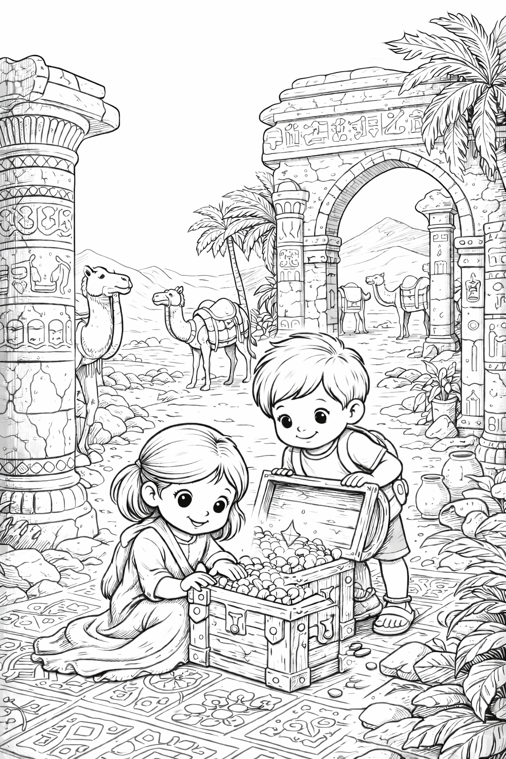 Children discover a treasure chest in an ancient setting.