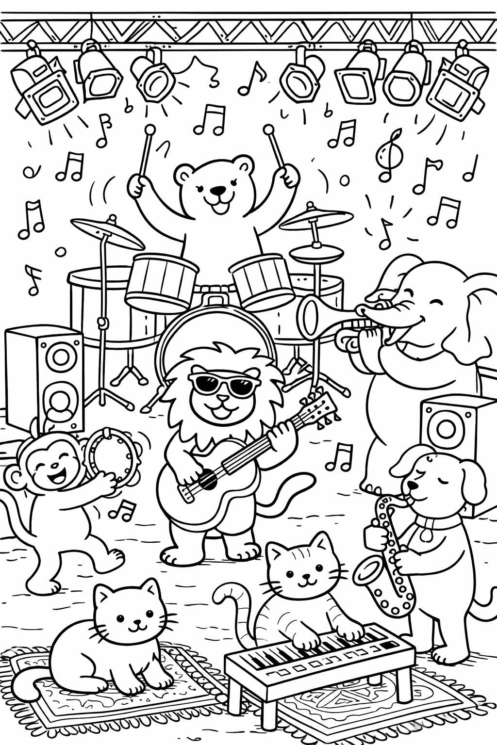 A lively animal band on stage with instruments including drums, guitar, saxophone, keyboard, and more. Perfect for children to color and enjoy a musical scene with various animals.