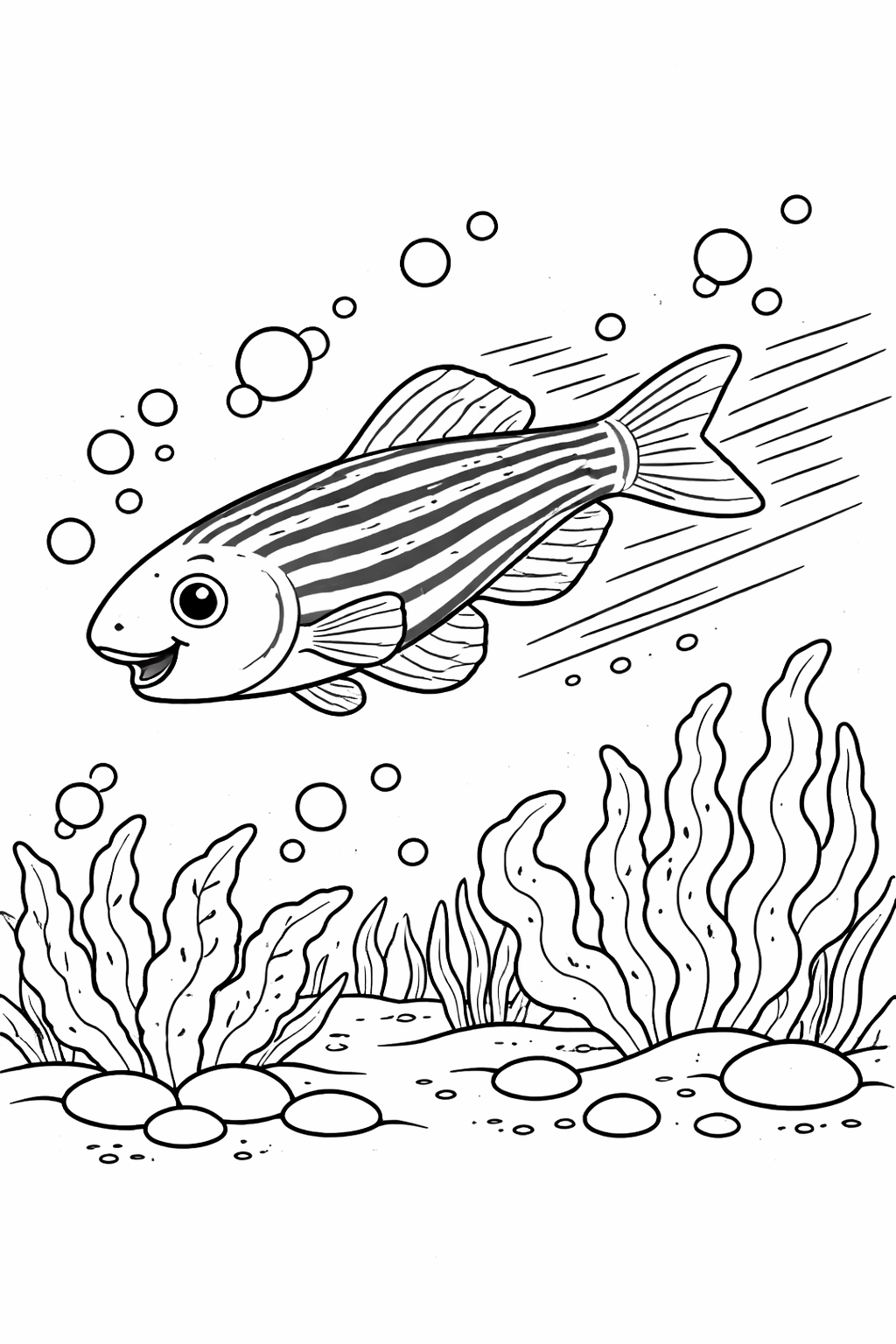 A charming aquatic fish swims surrounded by bubbles and sea plants. Kids can color the stripes and create a vibrant underwater scene, using their imagination to bring the ocean life to sea.