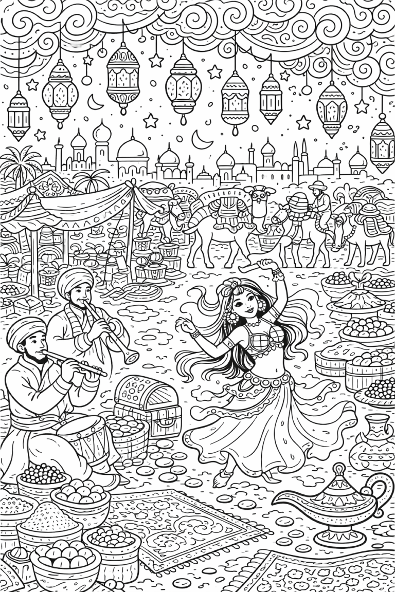 Arabian market scene with characters, camels, and lanterns