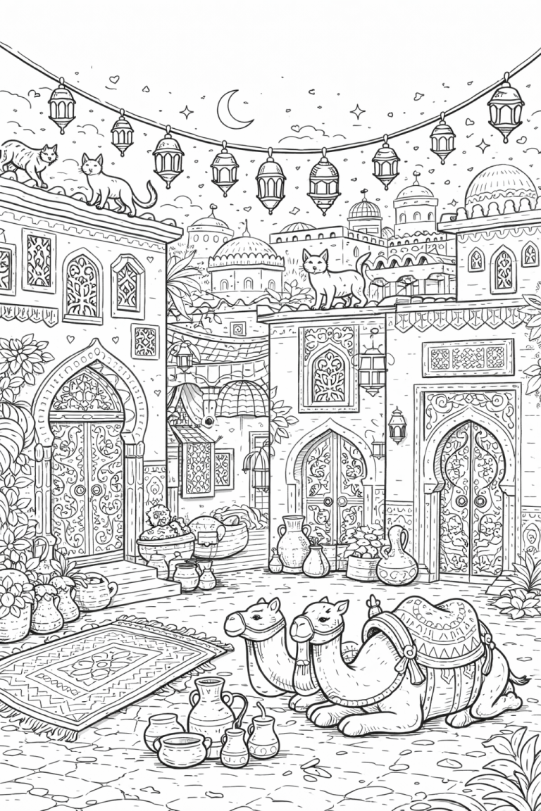 Arabian night scene with camels and cats
