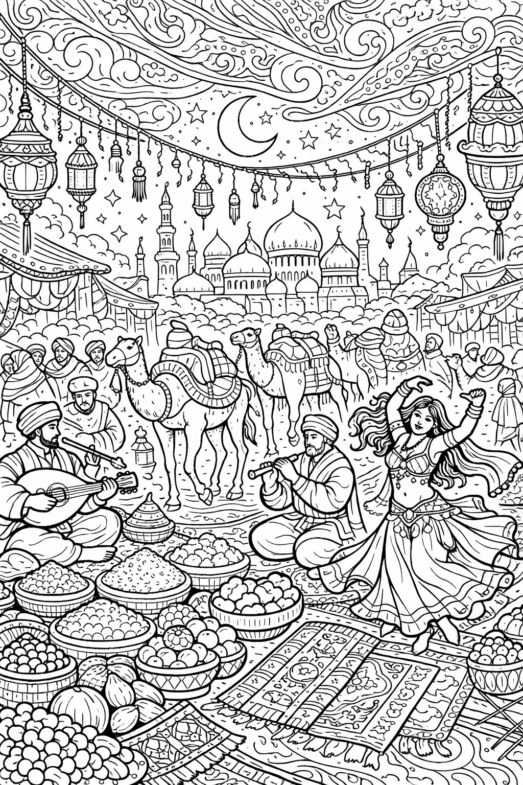 Explore a vibrant Arabian bazaar with musicians, a dancer, camels, lanterns, and intricate architecture. This detail-rich coloring page captures a fantasy scene under a starry night sky, inviting children to bring it to life with color.