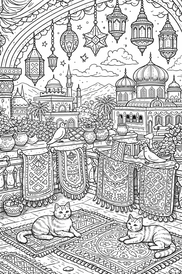 A detailed coloring page showcasing an Arabian oasis scene with ornate lanterns, patterned rugs, resting cats, and a backdrop of domed buildings and minarets under a starlit sky.