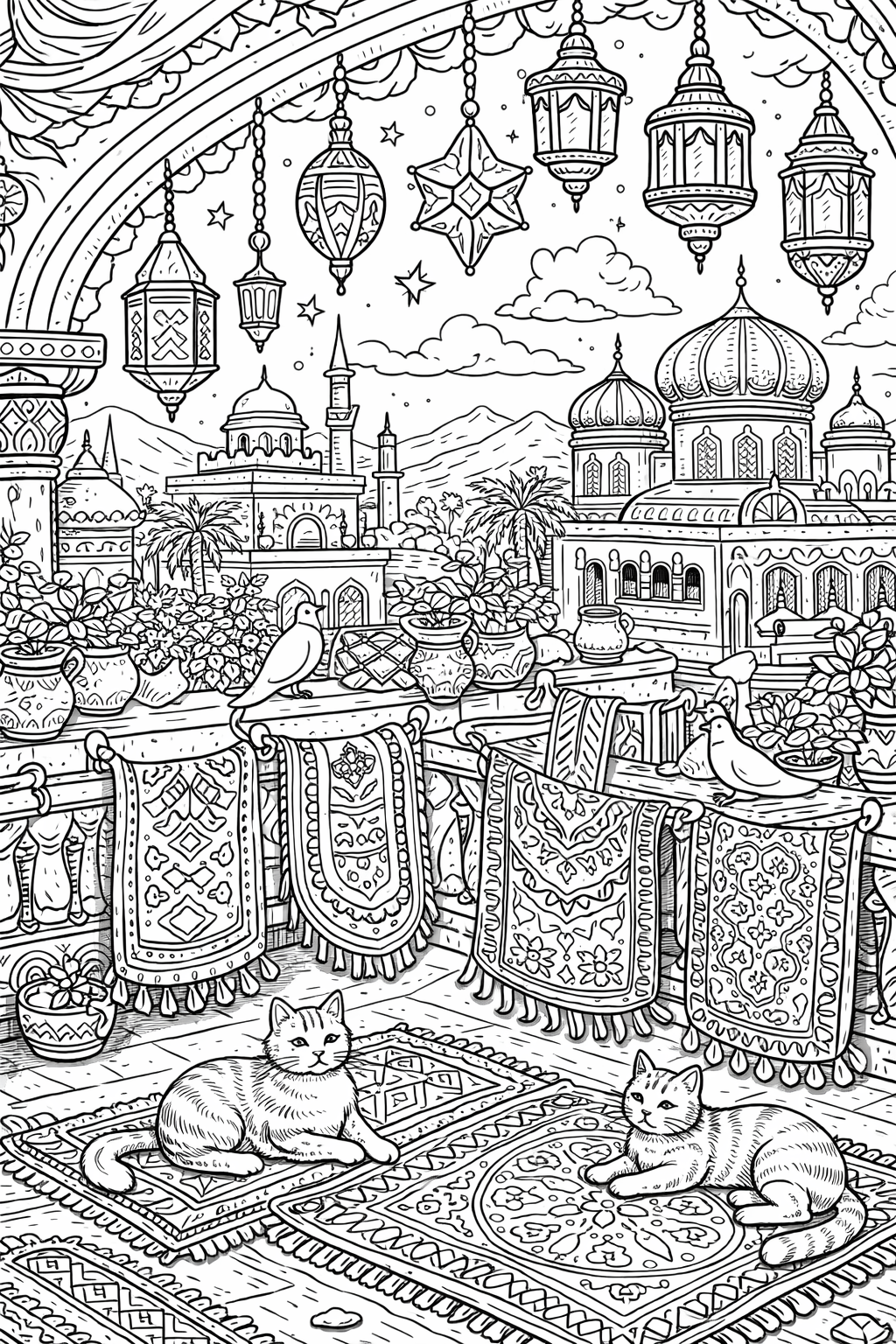 A detailed coloring page showcasing an Arabian oasis scene with ornate lanterns, patterned rugs, resting cats, and a backdrop of domed buildings and minarets under a starlit sky.