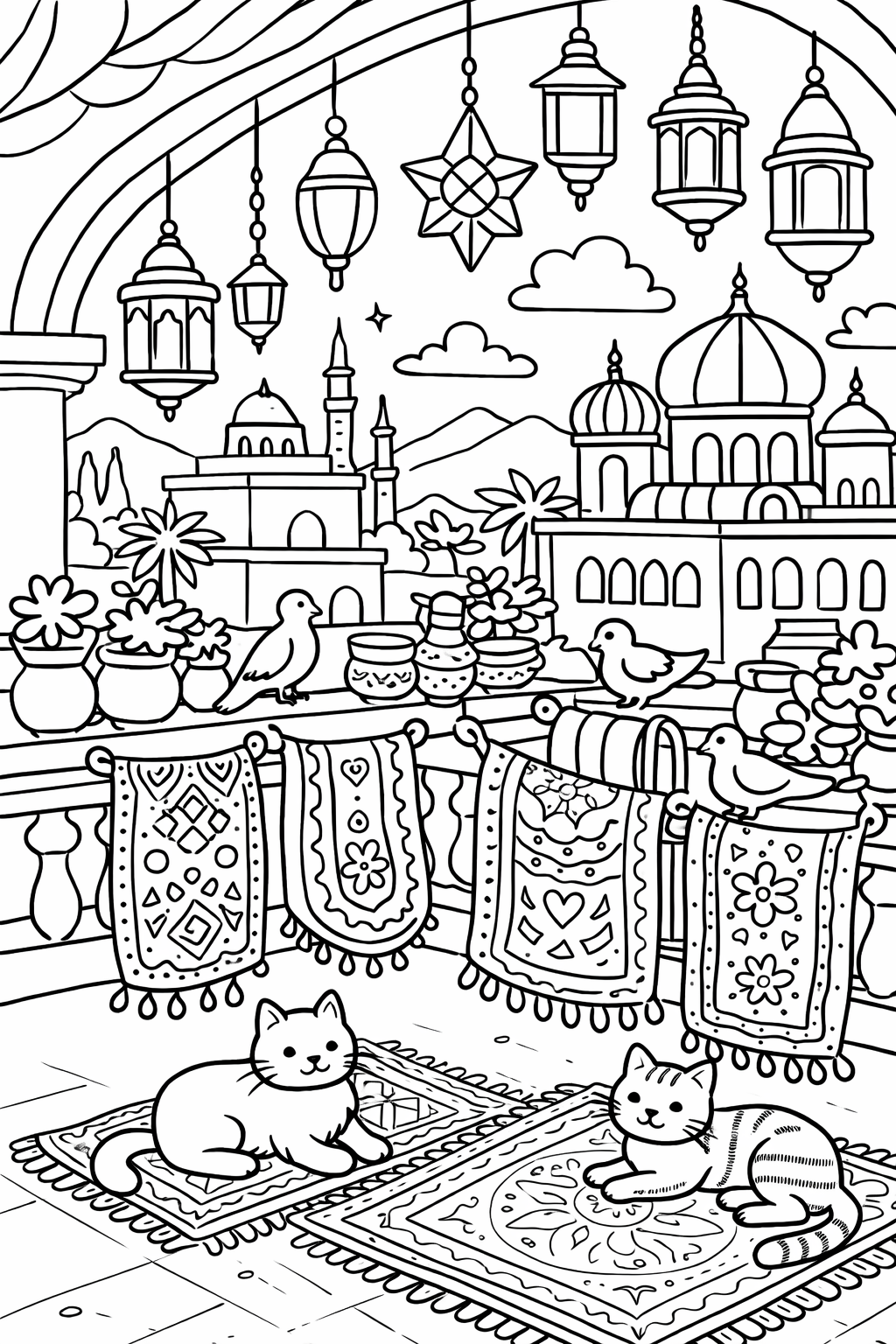 Children's coloring page depicting an Arabian street scene with two cats resting on decorative rugs. The background includes beautiful lanterns, intricate buildings, and foliage. The scene captures the essence of a vibrant marketplace with charming details.