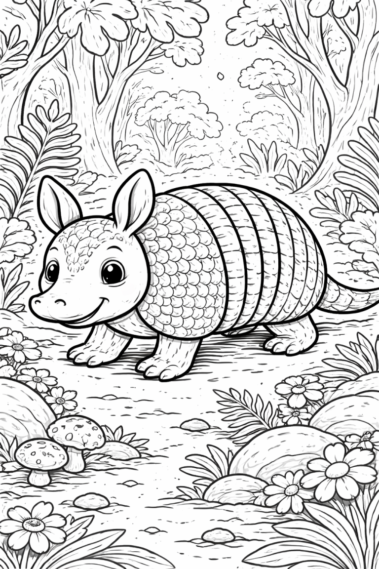 Armadillo coloring page for children showing an armadillo in a forest setting.