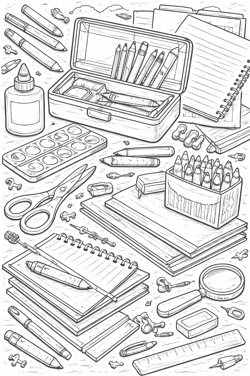 Outline of various art supplies on a coloring page