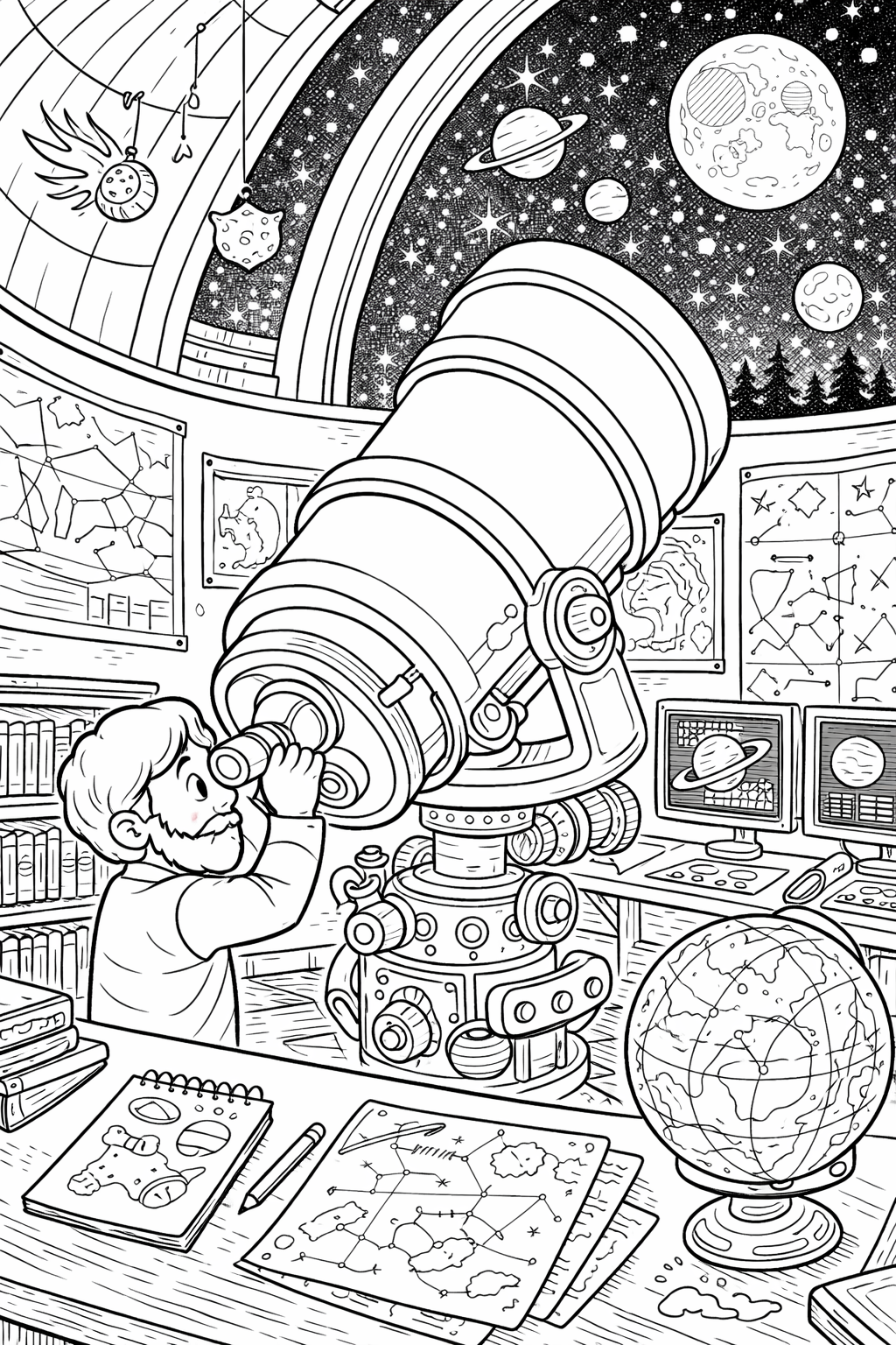 Child looking through a telescope in an observatory with stars and planets.