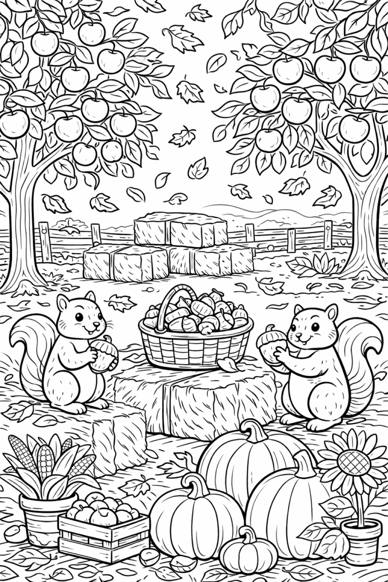 Autumn scene with squirrels, pumpkins, and apple trees