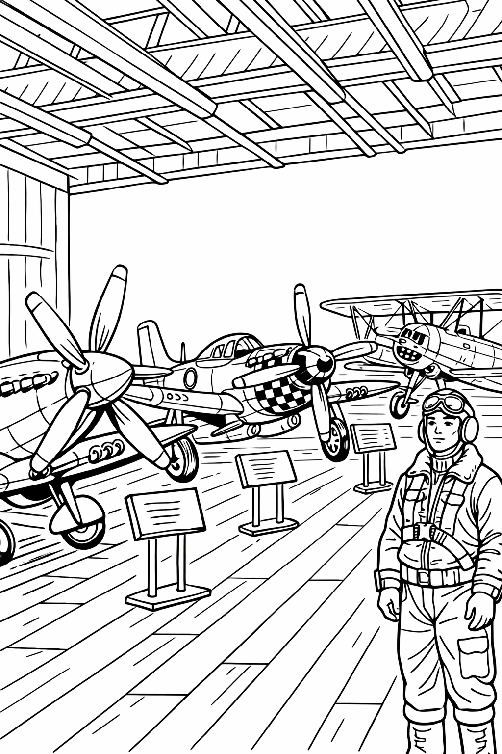 A coloring page of vintage airplanes in a hangar with a pilot standing in front, featuring detailed aircraft designs and an adventurous scene.