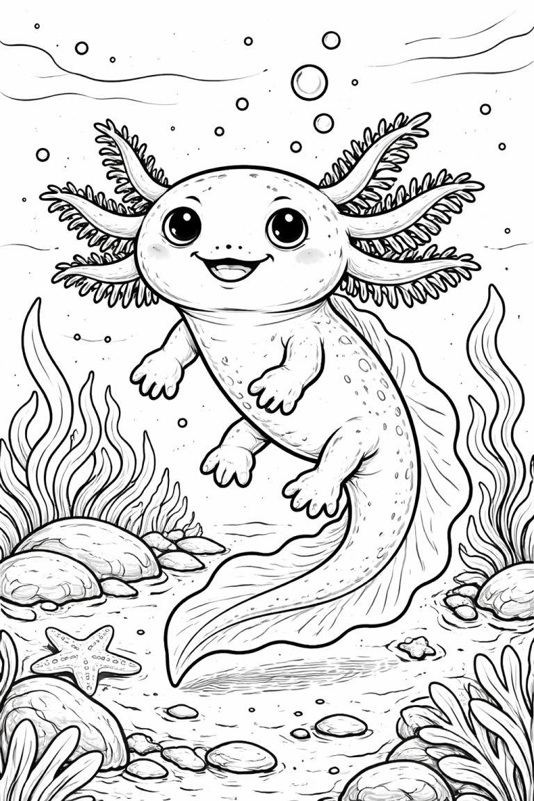 Axolotl coloring page with underwater scene