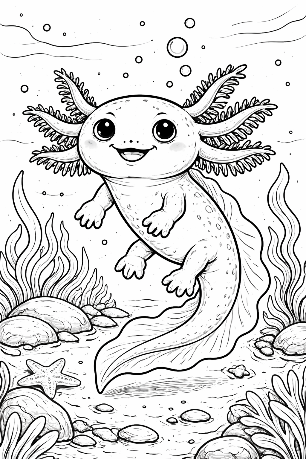 Axolotl coloring page with underwater scene