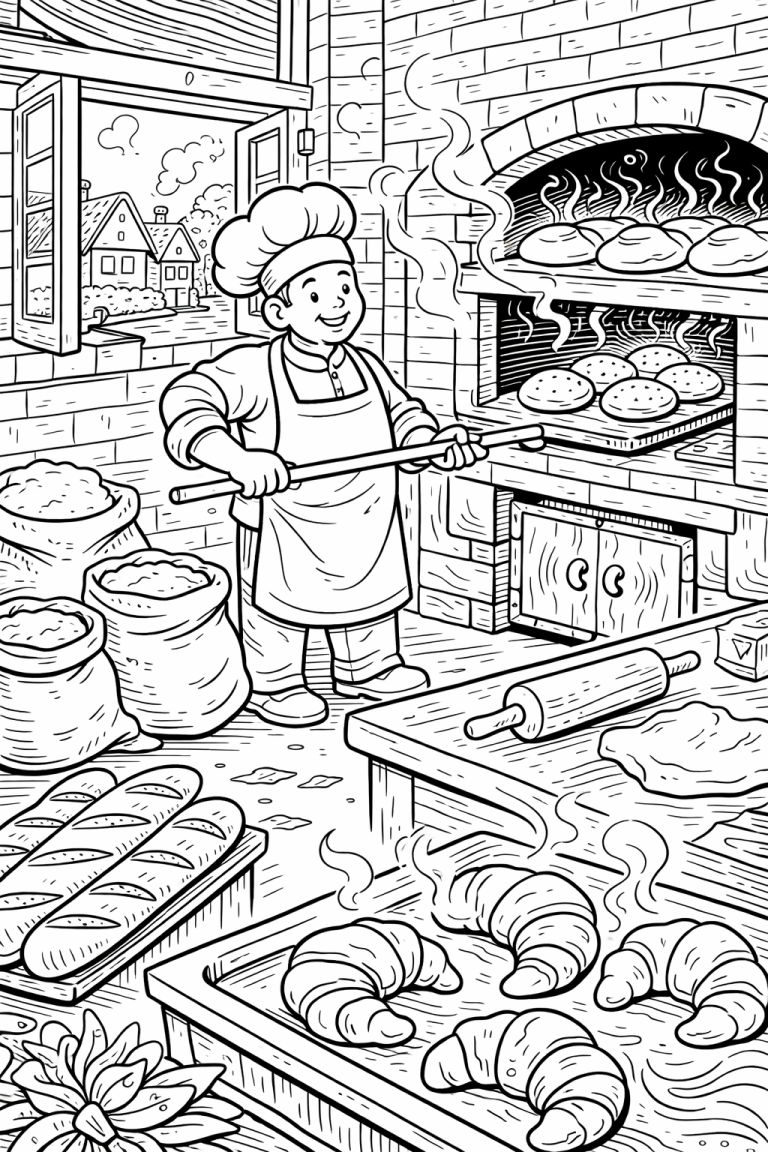 Baker in kitchen coloring page for kids