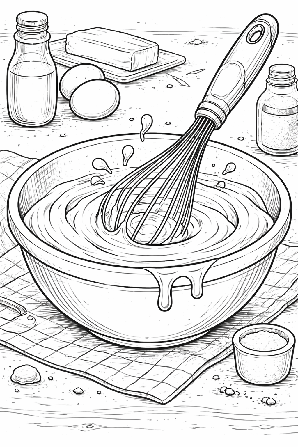 Coloring page featuring baking ingredients and a whisk.