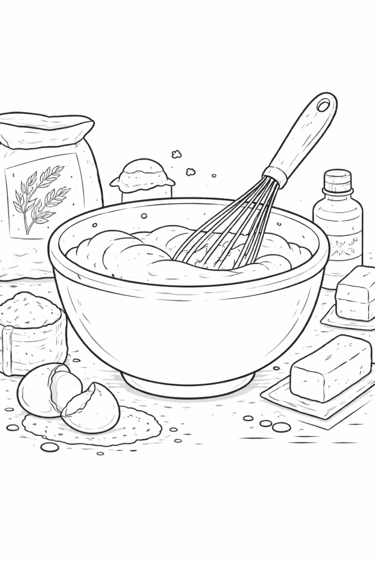 A detailed coloring page depicting baking ingredients like a bowl, whisk, flour, and eggs. Children can enjoy coloring and learn about kitchen essentials while engaging in this fun activity.