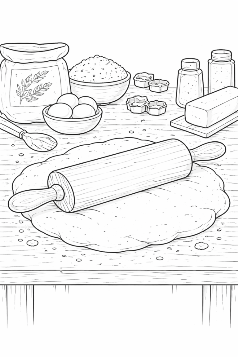 A children's coloring page showing a baking scene with a rolling pin, dough, flour, eggs, and cookie cutters. Kids can enjoy adding colors to this delightful kitchen setup.
