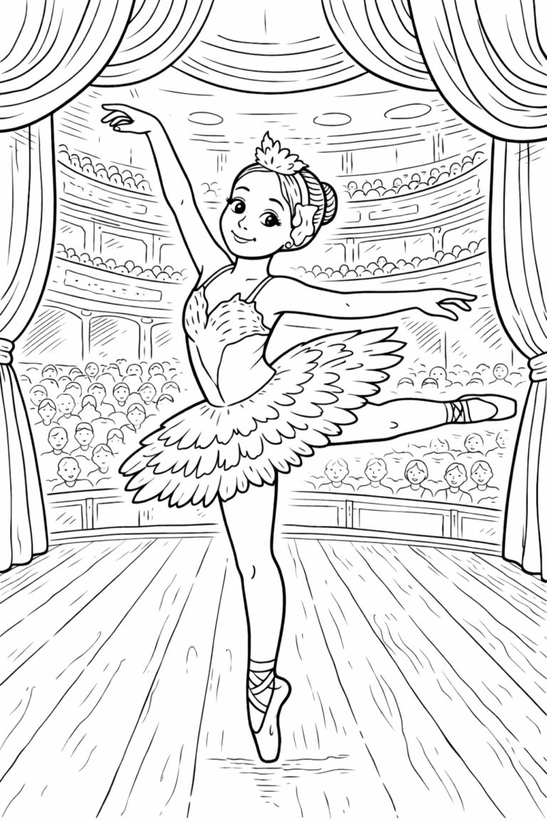 A charming ballerina posed elegantly on stage in a theater setting, surrounded by an audience. Children can color the detailed costume and background.