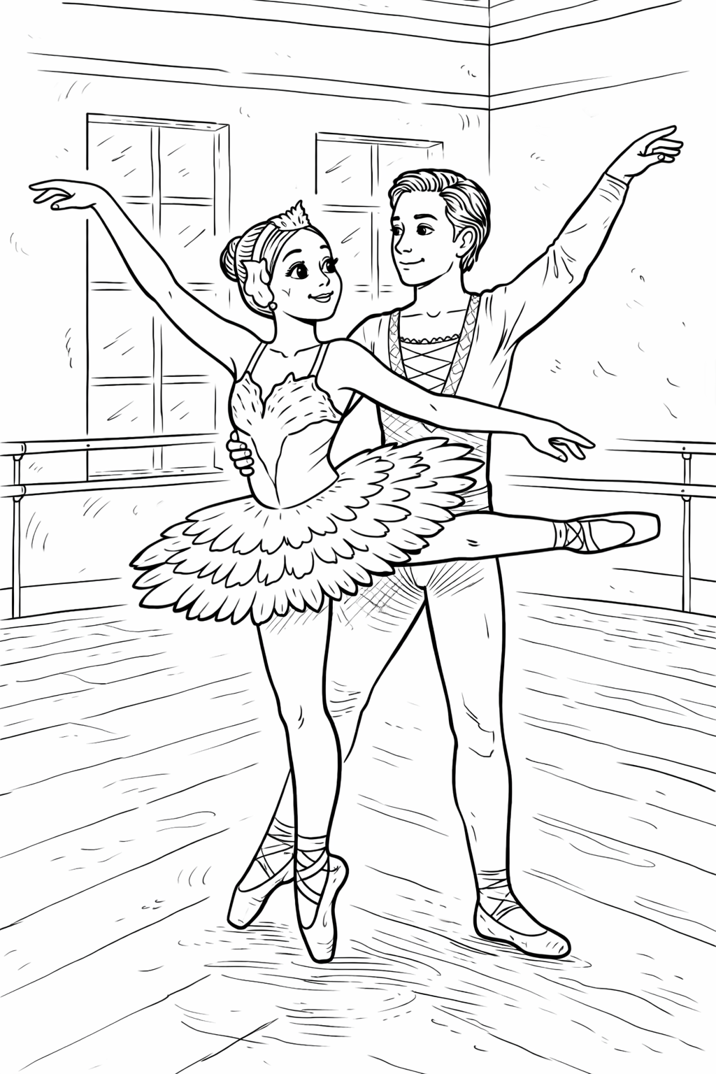 Kids will enjoy coloring this scene of two ballet dancers posing elegantly in a dance studio. The detailed outfits and backgrounds make it a perfect choice for young artists exploring creative expression.