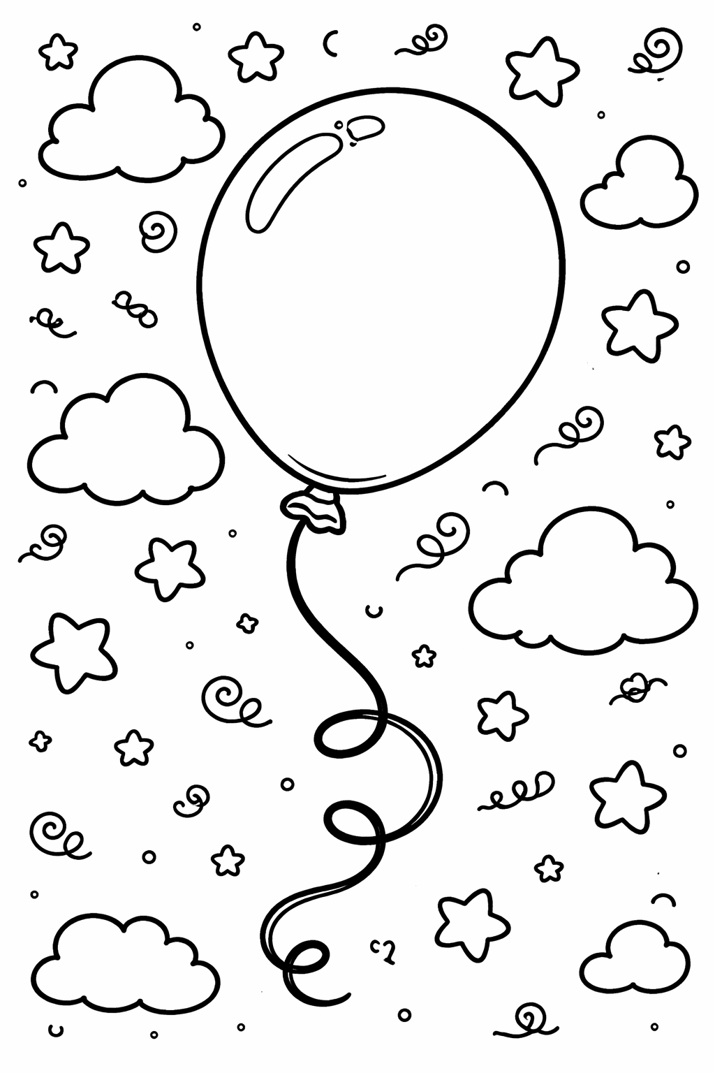 A coloring page featuring a central balloon floating among playful stars, clouds, and swirling patterns, inviting children to bring the scene to life with vibrant colors.