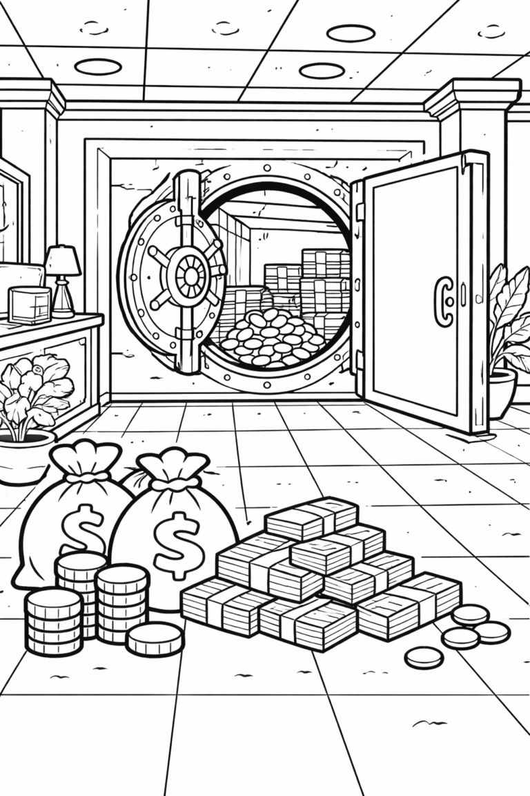A bank vault with stacks of coins and money bags. An open vault door reveals more coins and organized money. Children can color the open door, interior, and surroundings, engaging in this educational and imaginative coloring activity.