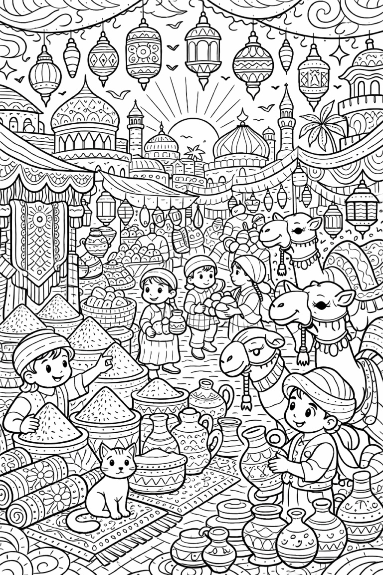 Children and camels in a busy bazaar coloring page