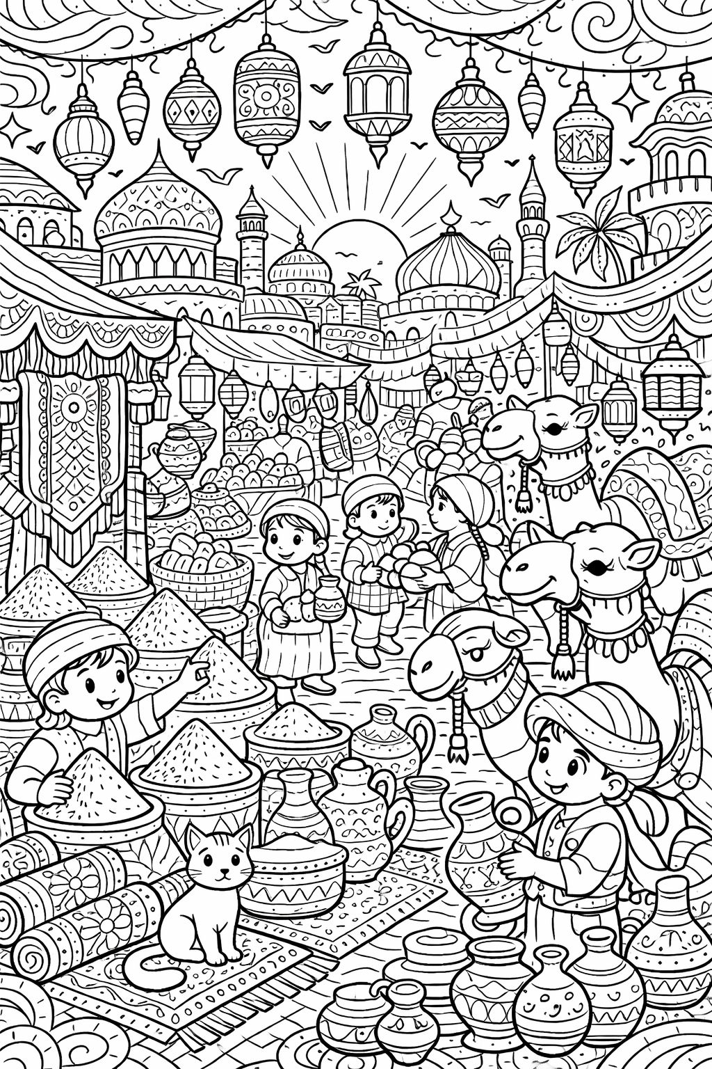 Children and camels in a busy bazaar coloring page