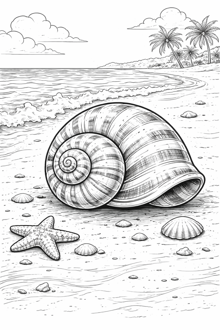 Beach coloring page with seashell and starfish