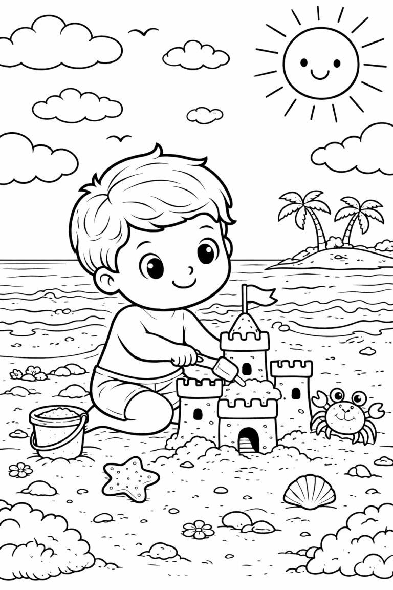 A child builds a sandcastle on a sunny beach, surrounded by ocean creatures and palm trees. The scene is lively with a bright sun, fluffy clouds, and a friendly crab, creating an engaging and fun environment for young artists.